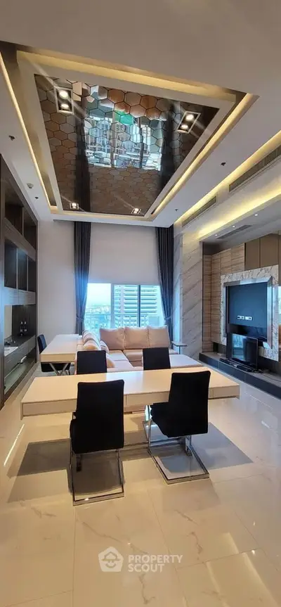 Luxurious modern living room with elegant dining area and stunning ceiling design in a high-rise apartment.