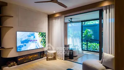 Luxurious living room with modern decor and large windows opening to a lush garden view.
