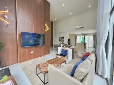 Luxurious modern living room with high ceilings and stylish decor