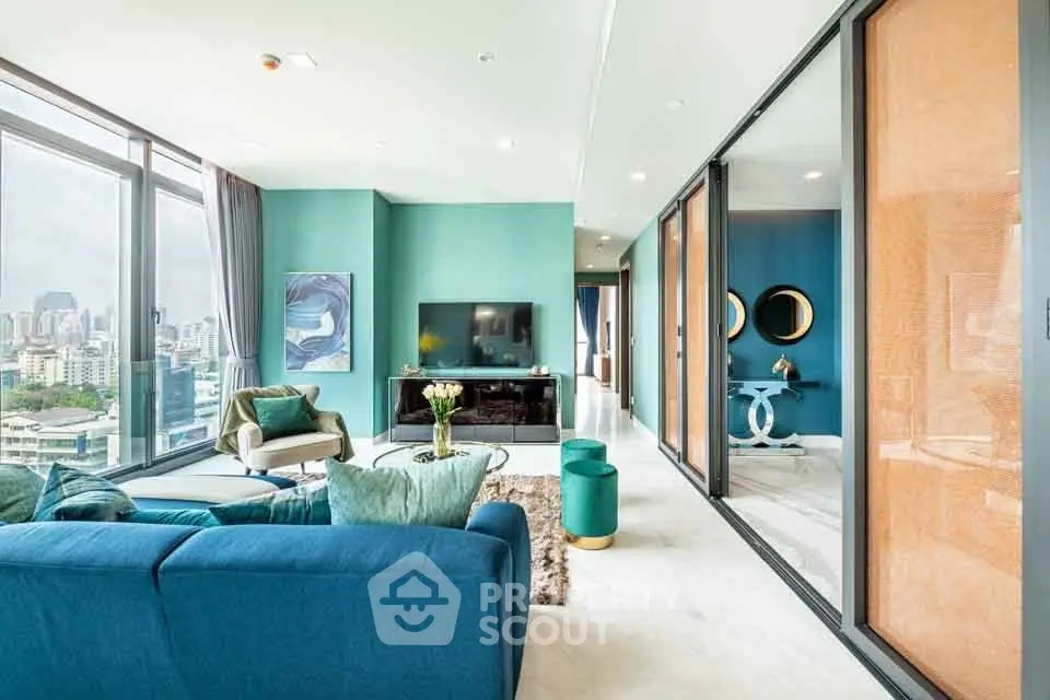Luxurious modern living room with panoramic city views and elegant decor
