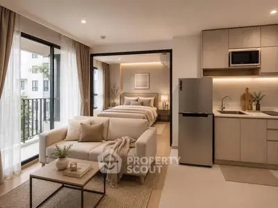 Modern studio apartment with open layout, featuring cozy living area, compact kitchen, and stylish bedroom.