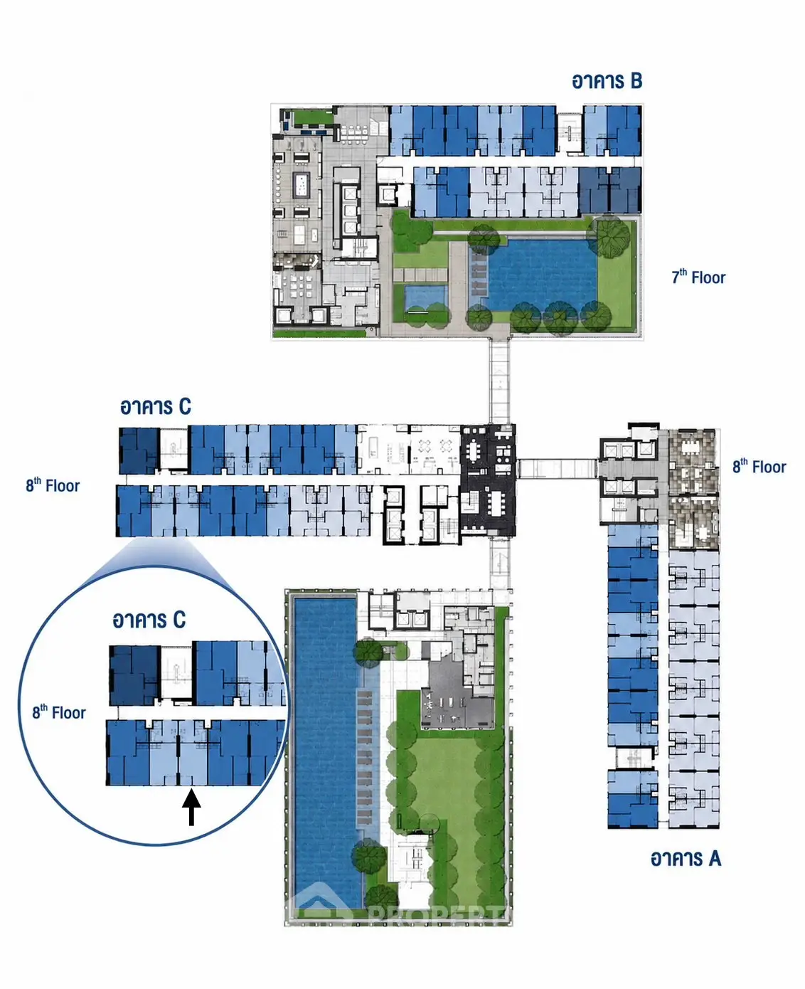 Detailed floor plan of a modern residential complex with pools and gardens.