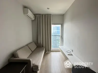 Modern minimalist living room with city view and air conditioning