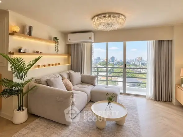 Luxurious living room with city view and elegant decor