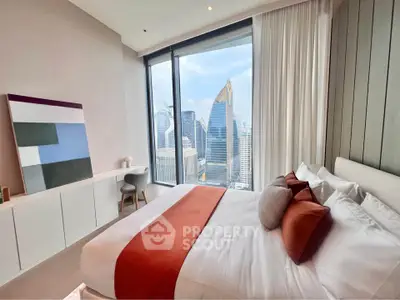 Luxurious bedroom with stunning city view and modern decor