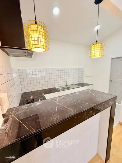 Modern kitchen with sleek black marble countertop and stylish pendant lighting