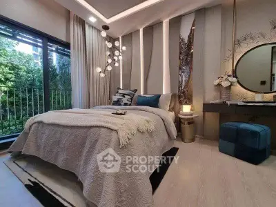 Luxurious bedroom with modern decor and large window overlooking greenery, perfect for relaxation.