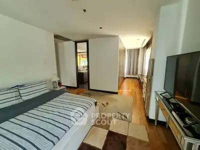 Spacious bedroom with modern decor and natural light