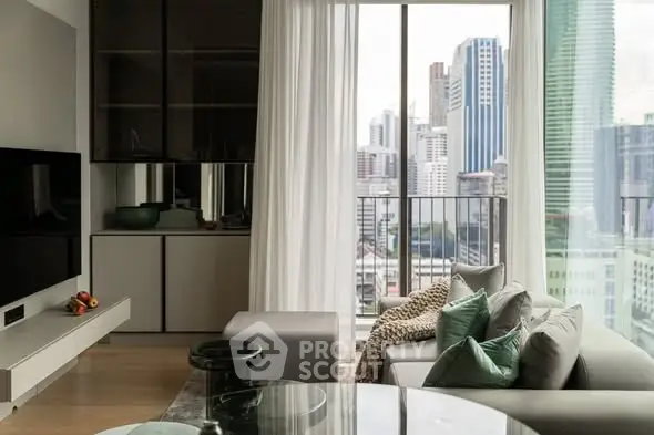 Modern living room with city view, stylish furniture, and floor-to-ceiling windows.