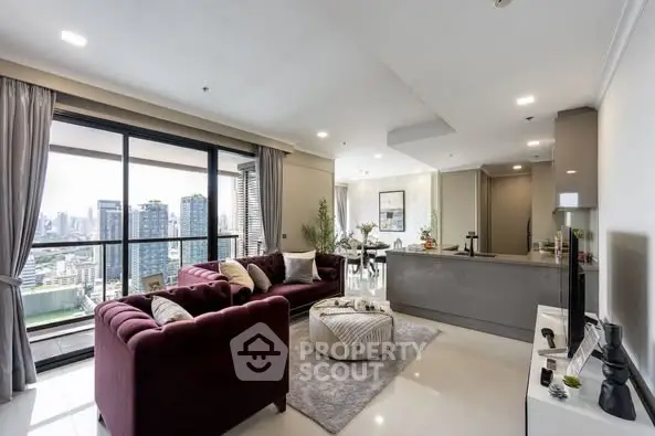 Luxurious open-plan living room with stunning city view and modern decor