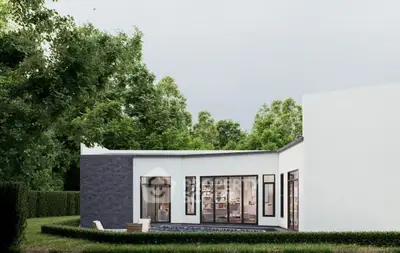 Modern minimalist home exterior with lush greenery and large windows