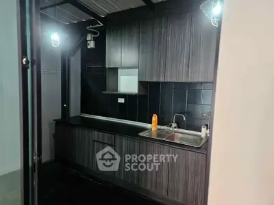 Modern kitchen with sleek black cabinetry and stainless steel sink