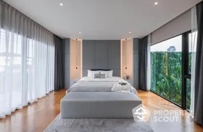 Luxurious spacious bedroom with polished hardwood floors, floor-to-ceiling windows, and modern lighting, offering a serene urban oasis with lush views.