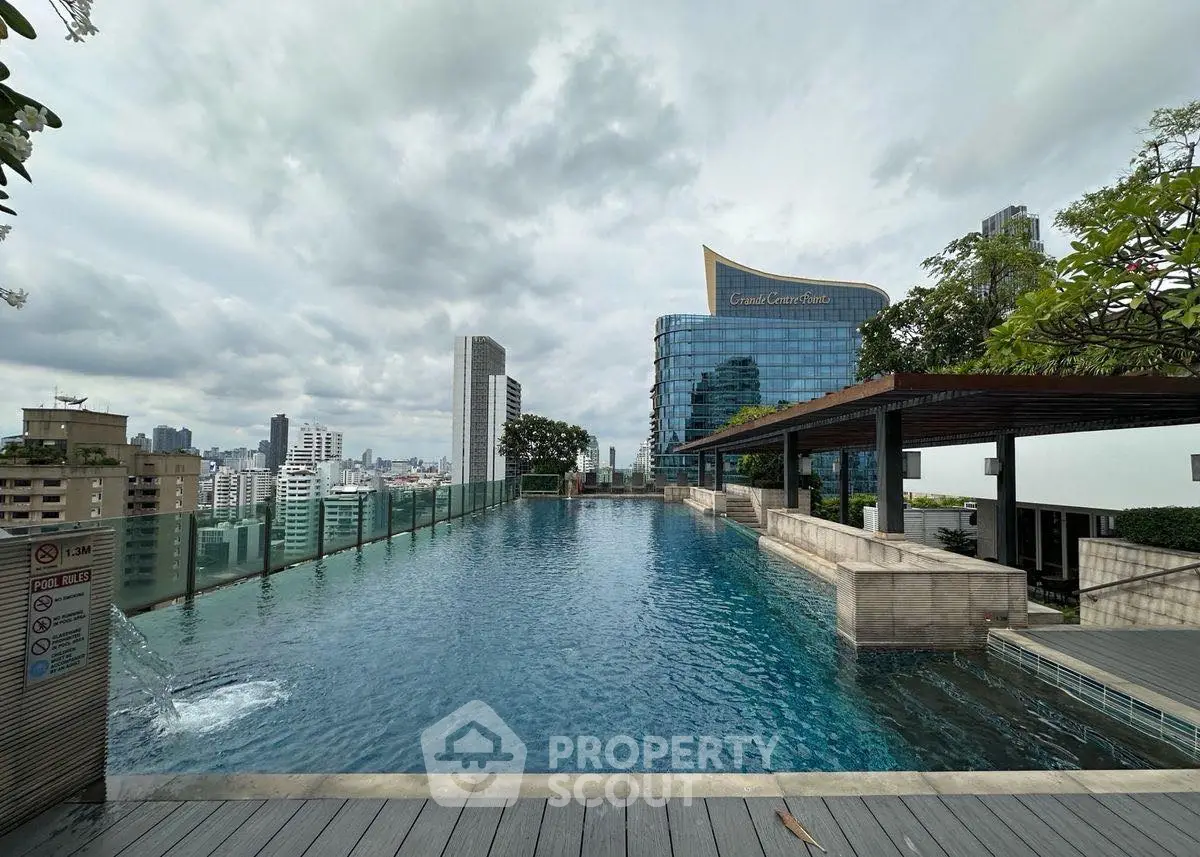 Stunning rooftop pool with city skyline view and modern architecture.