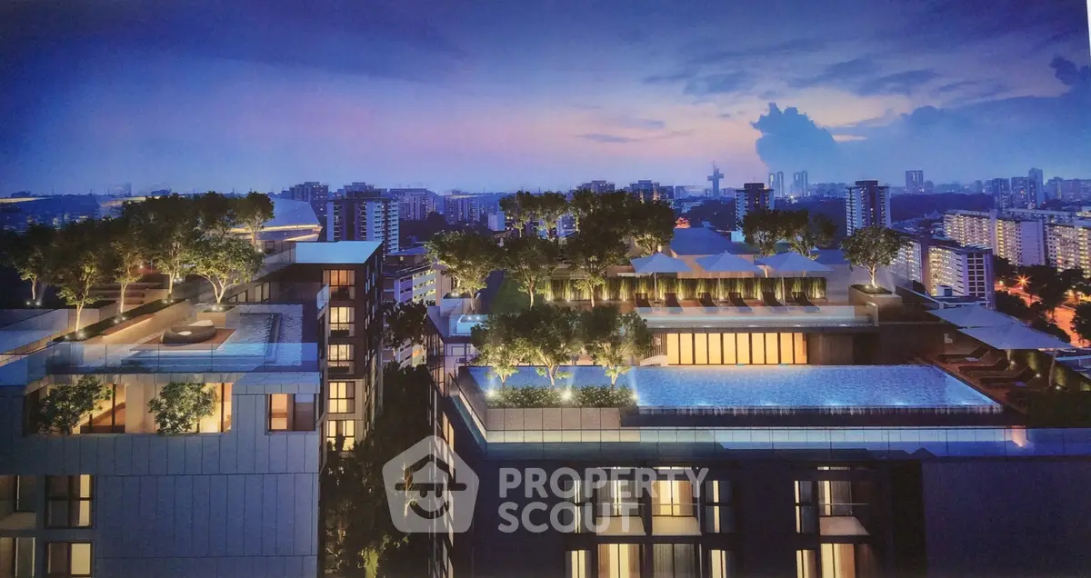 Luxurious rooftop pool with stunning city skyline view at dusk, perfect for urban living enthusiasts.
