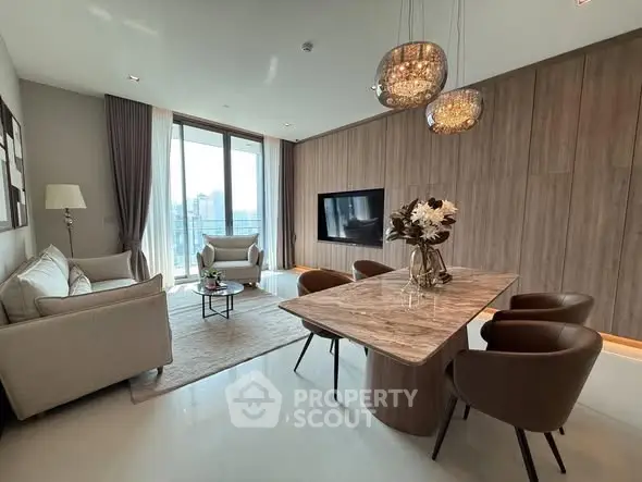 Luxurious modern living room with elegant dining area and city view