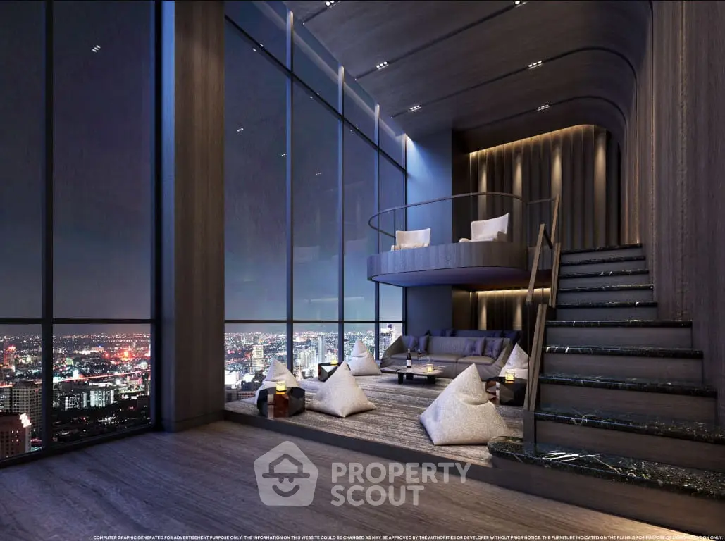 Luxurious multi-level penthouse with floor-to-ceiling windows offering panoramic city views, featuring a sleek spiral staircase and modern furnishings.