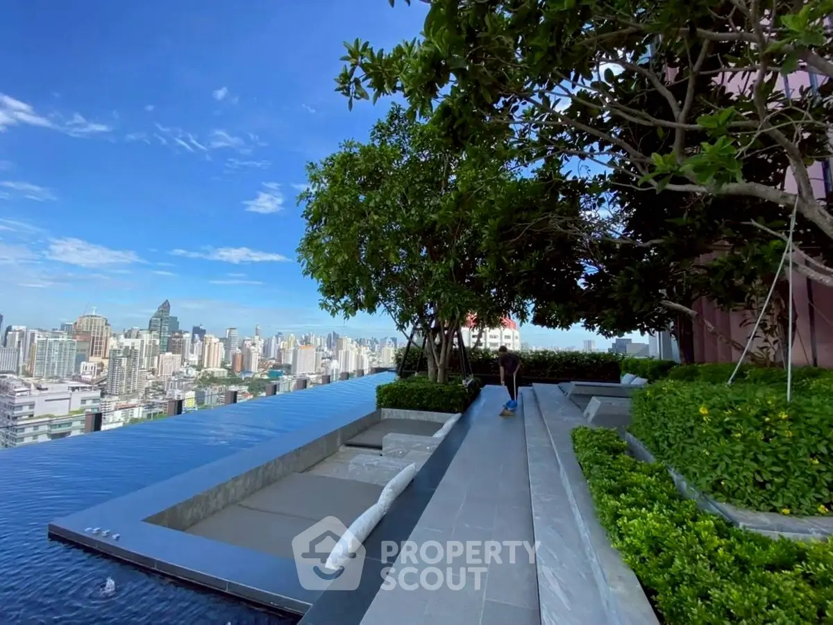 Luxurious rooftop infinity pool with stunning city skyline view and lush greenery.