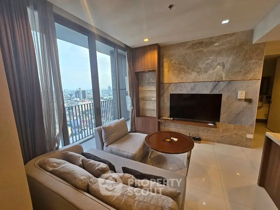 Luxurious living room with stunning city view and modern decor