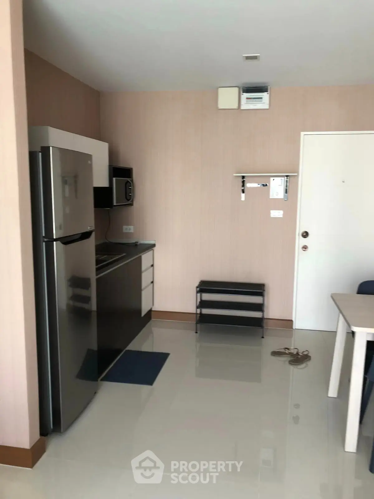 Modern kitchen with sleek appliances and minimalist design in a cozy apartment setting.