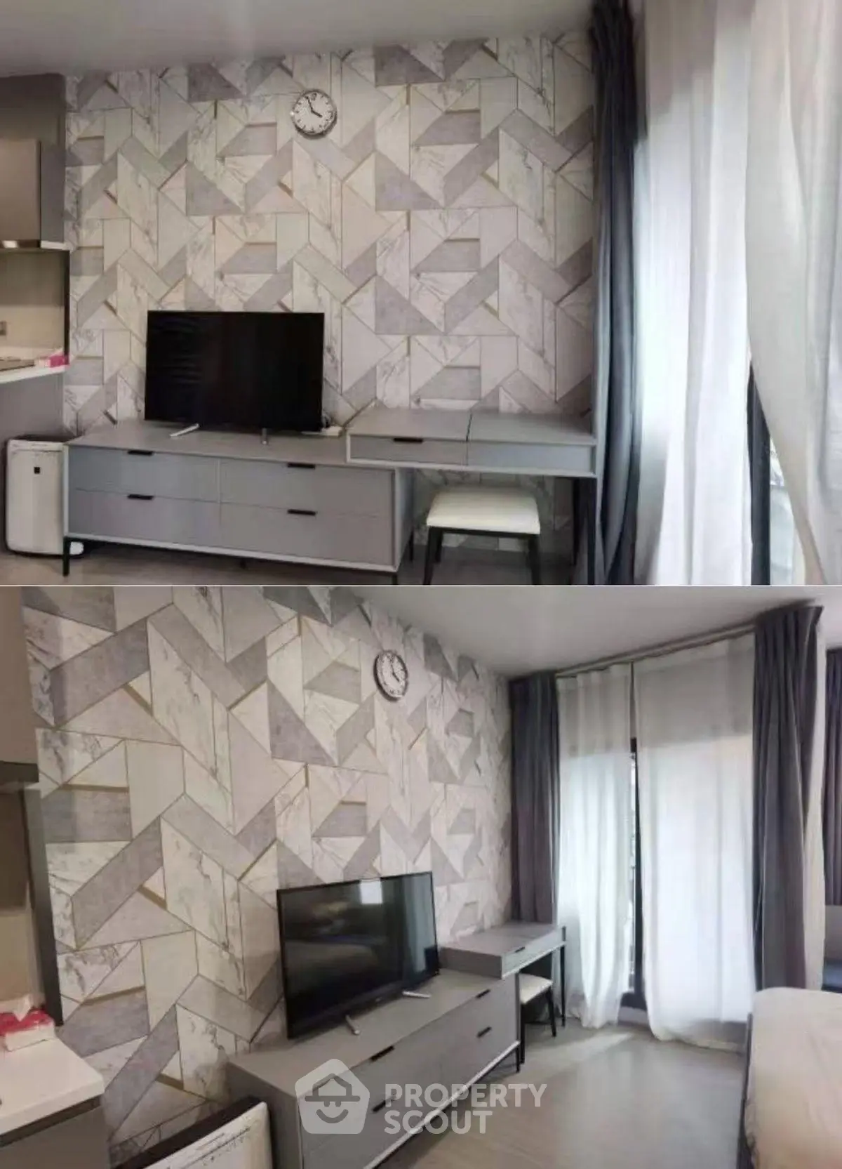 Modern living room with stylish geometric wallpaper and sleek furniture