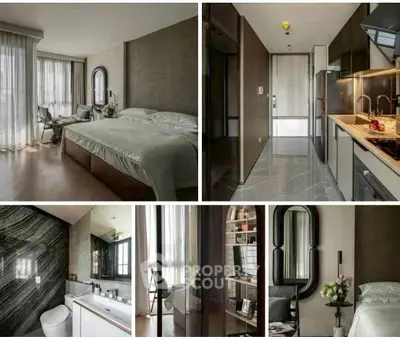 Luxurious modern apartment interior with spacious bedroom, sleek kitchen, and elegant bathroom design.