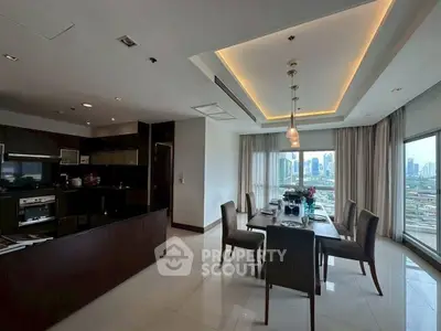 Luxurious dining area with city view in modern apartment