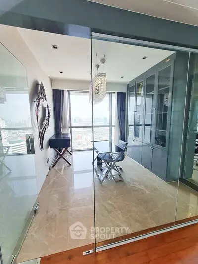 Luxurious high-rise apartment with stunning city view and elegant interior design.