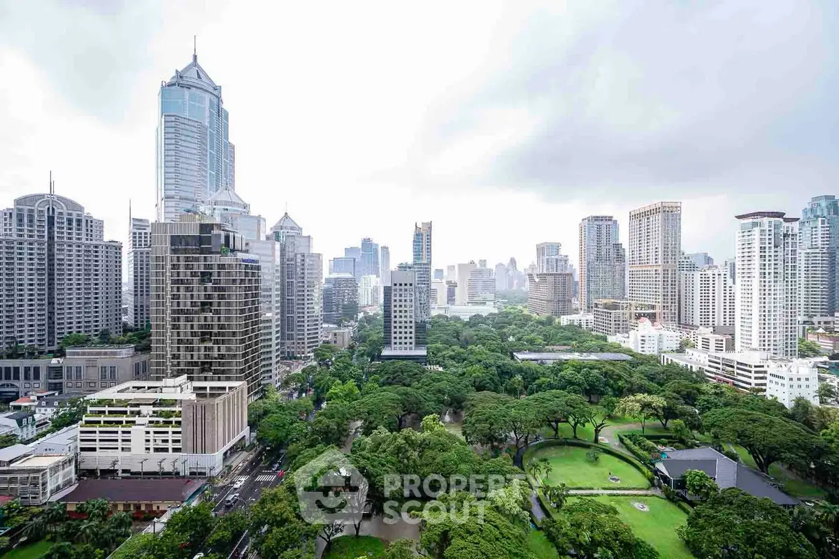 Stunning cityscape view with lush green park and modern skyscrapers