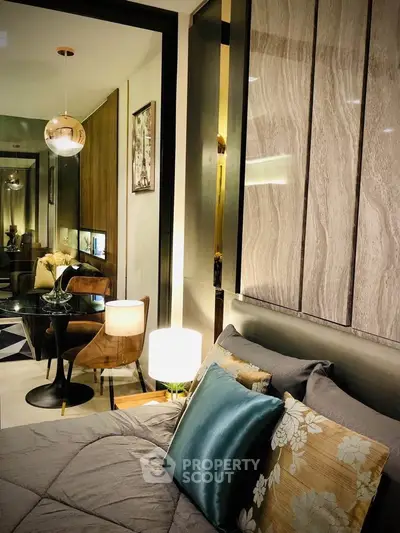 Luxurious modern bedroom with elegant decor and ambient lighting