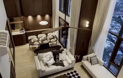 Luxurious modern living room with high ceilings and elegant dining area, featuring floor-to-ceiling windows.