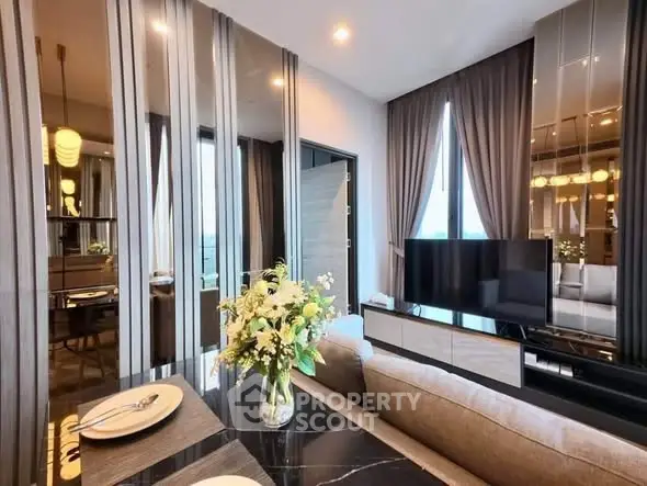 Luxurious modern living room with elegant decor and large windows