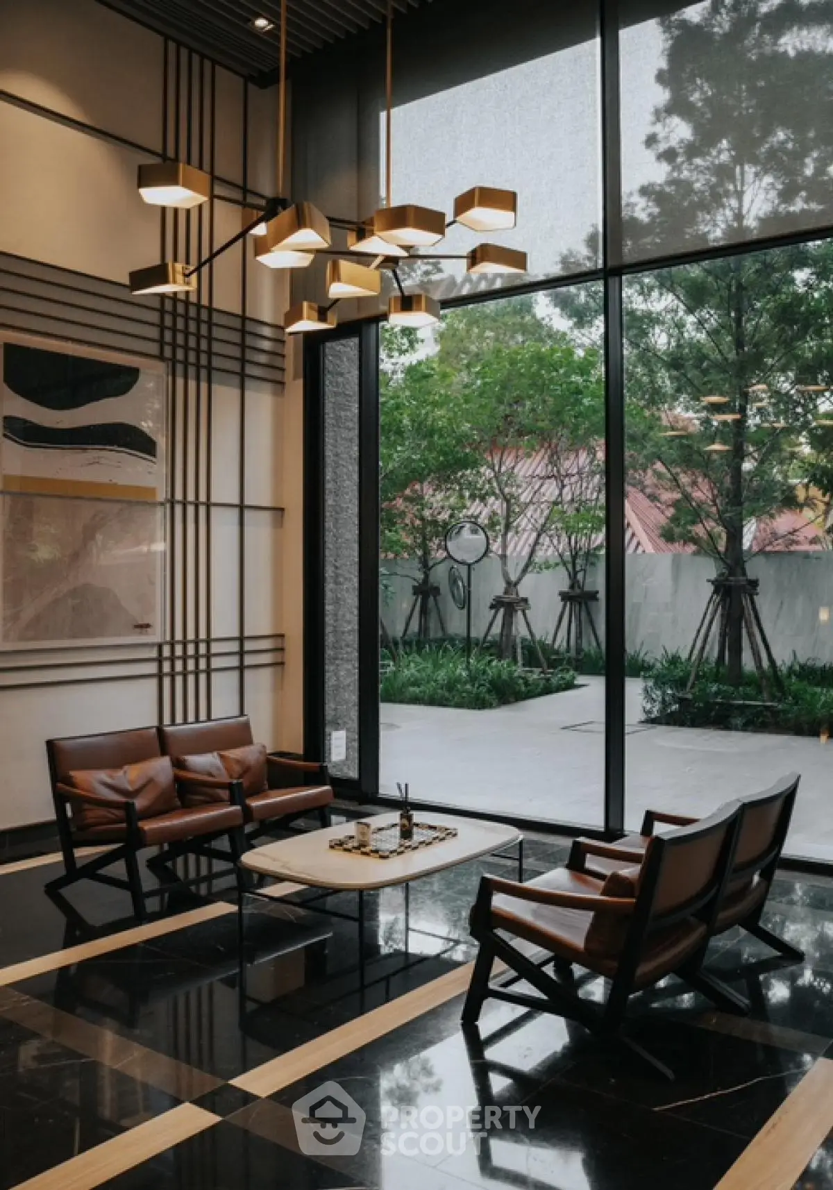 Luxurious modern living room with elegant lighting and garden view