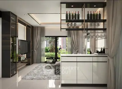 Luxurious modern living room with elegant bar area and garden view