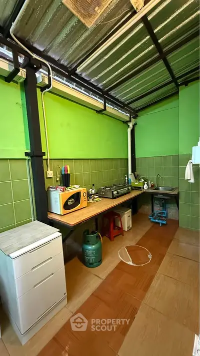 Charming kitchen with vibrant green walls and practical layout, featuring essential appliances and ample workspace.