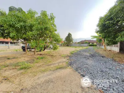 Spacious residential land plot with trees and gravel path, ideal for development.