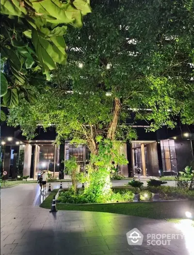 Stunning illuminated garden entrance with lush greenery and modern architecture