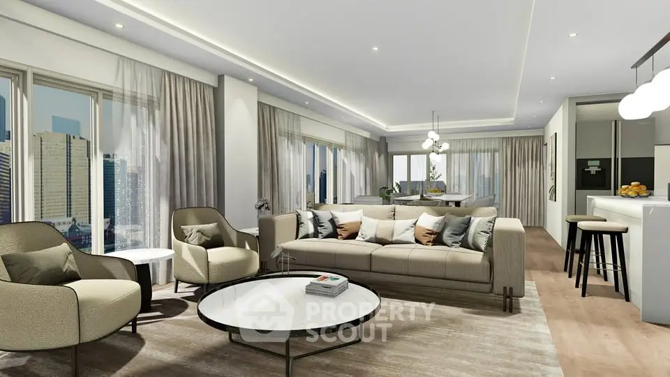 Luxurious modern living room with city view, elegant furniture, and open layout for ultimate comfort.