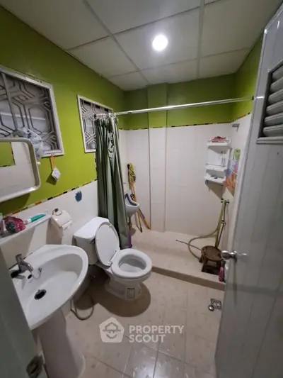 Cozy bathroom with green walls and modern fixtures, featuring a shower and toilet in a compact layout.