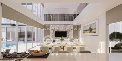 Luxurious open-plan living room with modern decor and pool view, perfect for entertaining.