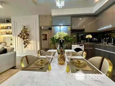 Luxurious modern kitchen with elegant dining setup and sleek appliances