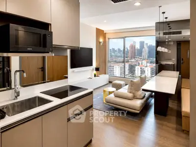 Modern open-plan living room with city view, sleek kitchen, and stylish furnishings.