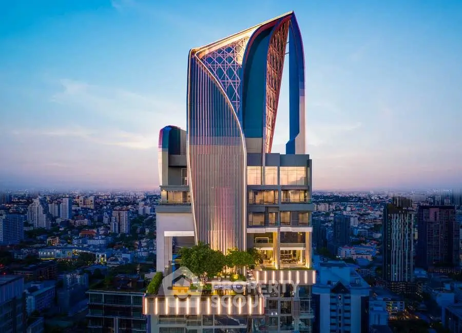 Stunning modern skyscraper with unique architectural design and panoramic city views at sunset.