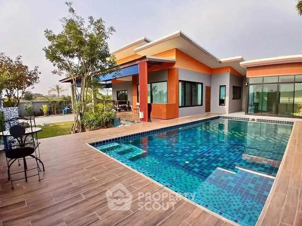 Modern home with stunning pool and spacious outdoor area, perfect for luxury living.