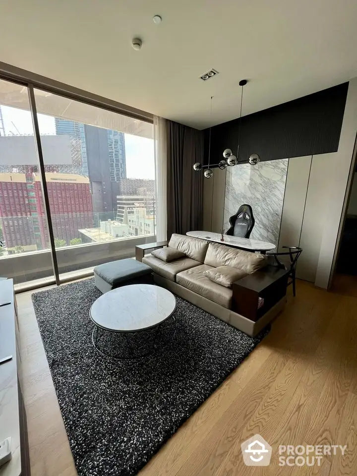 Modern living room with city view, stylish furniture, and elegant decor