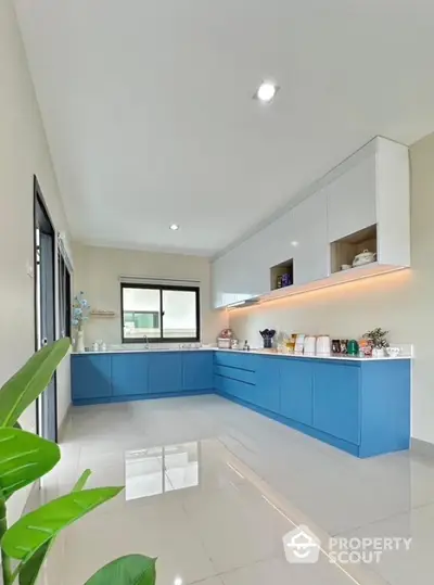 Modern kitchen with sleek blue cabinets and glossy white countertops