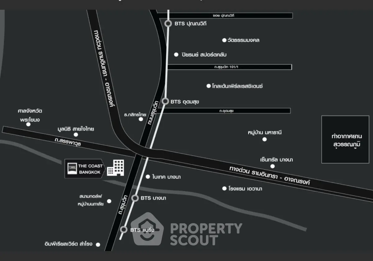Map showing The Coast Bangkok location with nearby BTS stations and landmarks.