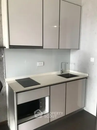 Modern compact kitchen with sleek cabinetry and built-in appliances, perfect for urban living.