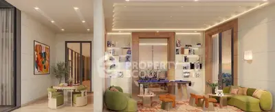 Luxurious modern living room with elegant decor and city view, featuring stylish furniture and ambient lighting.