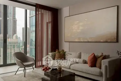 Luxurious living room with modern decor and stunning city view from large windows.